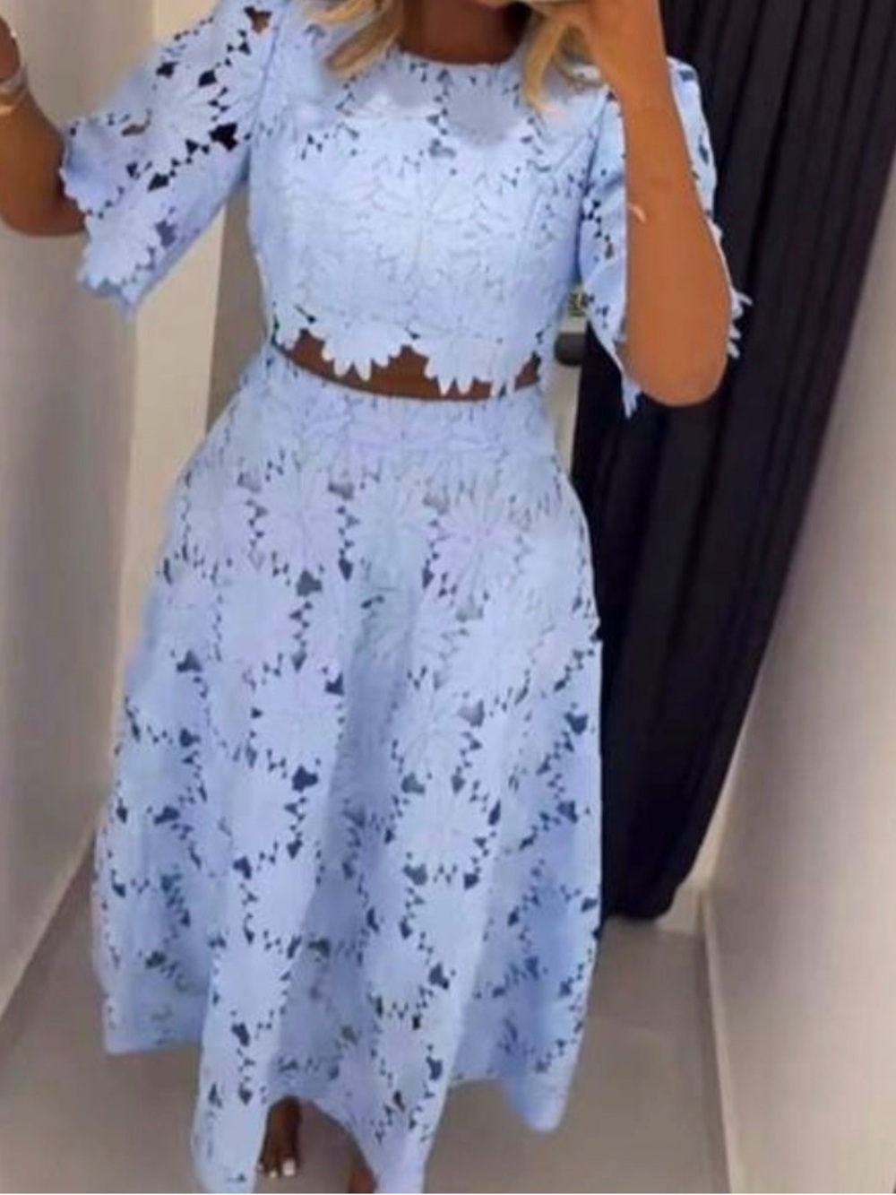 Light Blue Lace Midi Skirt and top - Women Skirts